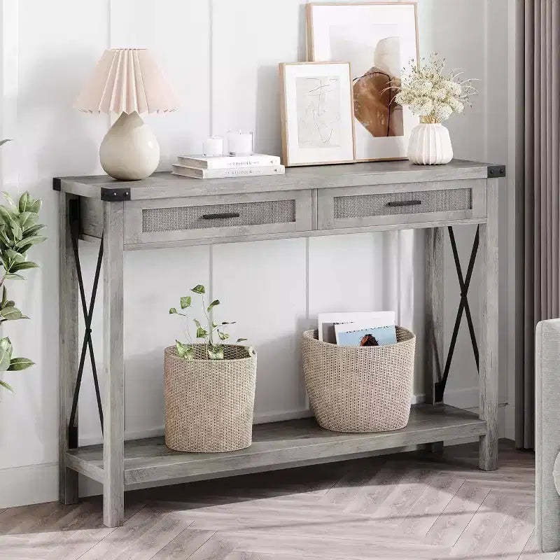 COZONY 43 Retro Farmhouse Console Table with 2 Drawers, Wood Grain MDF and Metal Frame, Rectangular Entryway Table