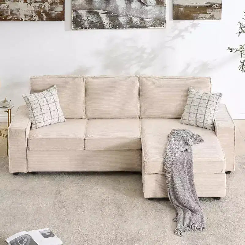 Modern Modular L-Shaped Sectional Sofa, Corduroy Cloud Couch with Chaise, Convertible Lounge, Comfy Sleeper Sofa Bed for Living Room, Office, Beige
