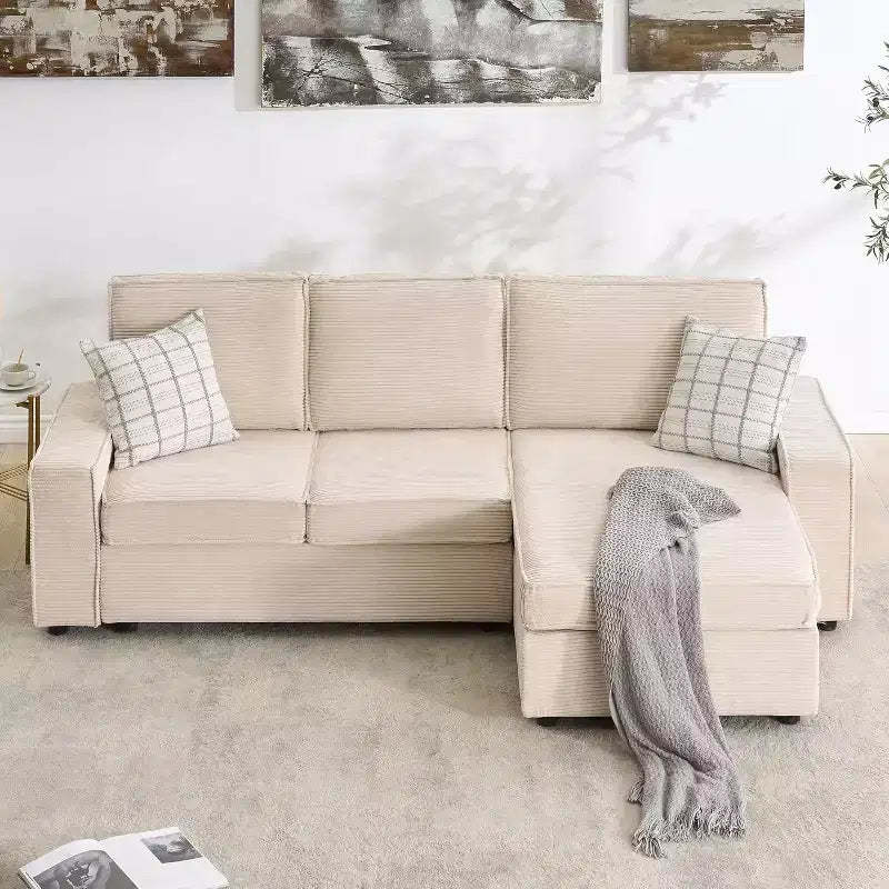 Modern Modular L-Shaped Sectional Sofa, Corduroy Cloud Couch with Chaise, Convertible Lounge, Comfy Sleeper Sofa Bed for Living Room, Office, Beige