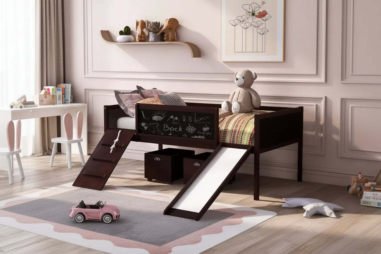 Bellemave Twin Low Loft Bed with Slide, Climbing Frame & Chalkboard, Kids Wood Loft Bed with 2 Storage Boxes, Espresso