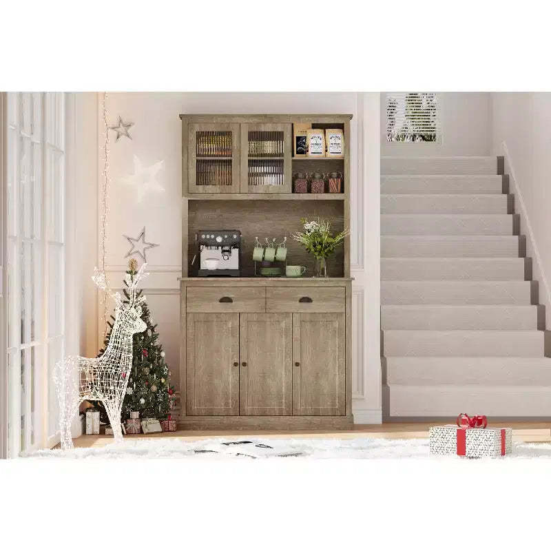 COZONY Tall Kitchen Pantry Cabinet with Doors & Drawer, Farmhouse Hutch with Microwave Stand