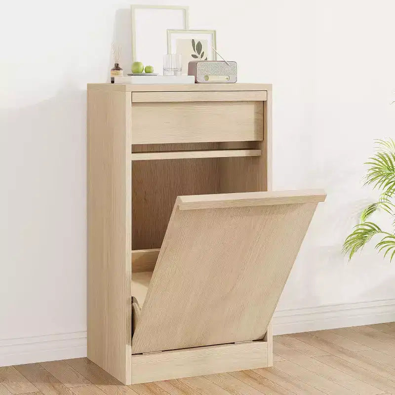 COZONY Tilt Out Trash Cabinet, Natural Wood Hidden Garbage Can Cabinet for 10/20 Gallon Bins, Pet-Proof Modern Trash Cabinet