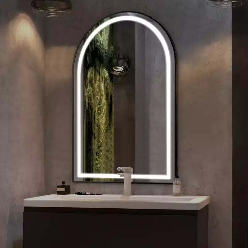 MAYEERTY Arched Aluminum Alloy Bathroom Mirror with Framed Defogging Function for Bathroom Black