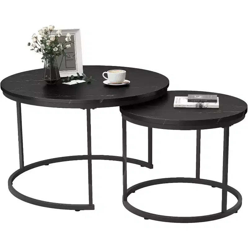 Zevemomo Small Coffee Table Round, Wood Nesting Coffee Table Set 27.6with Marble Pattern Circle Table for Living Room, Bedroom, Patio, Yard (Black)