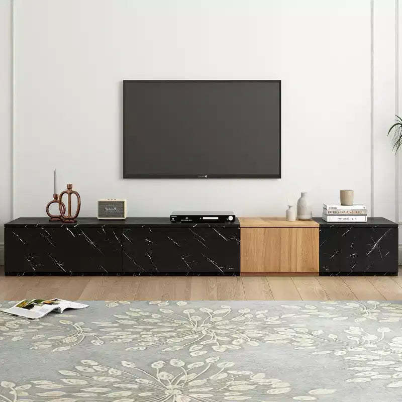 Whisen 88 TV Stand with Faux Marble and Walnut Wood Grain Finish, Modern Entertainment Center with 4 Storage Drawers