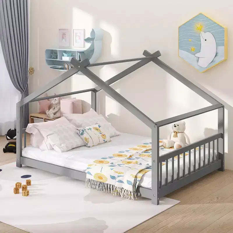 Bellemave Full House Floor Bed with with Support Slats, Solid Wood Floor Bed Frame with House-shaped Roof, No Box Spring Needed, Gray