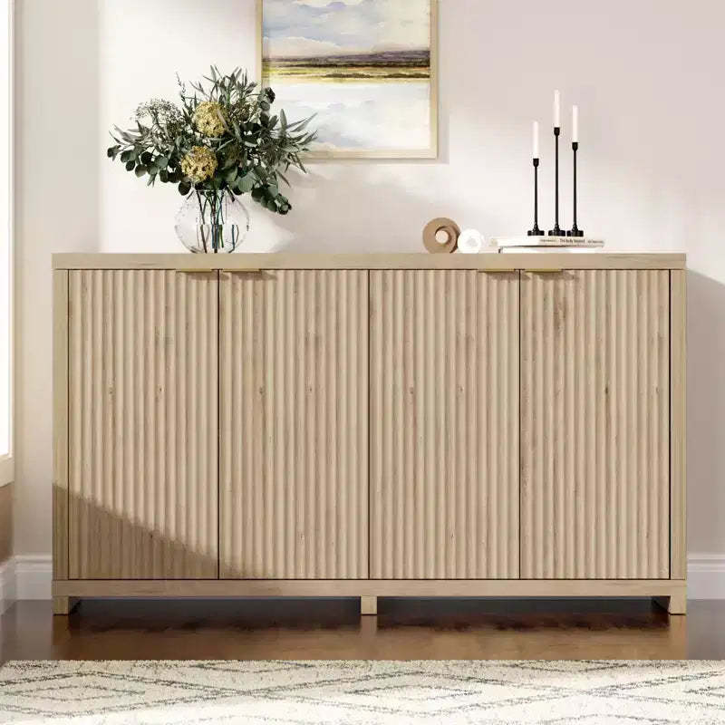 Modern Fluted Buffet Cabinet With Storage, 4 Soft-close Doors, Adjustable Shelves, Thick Top, Cable Management, 15.6 Deep Sideboard For Kitchen