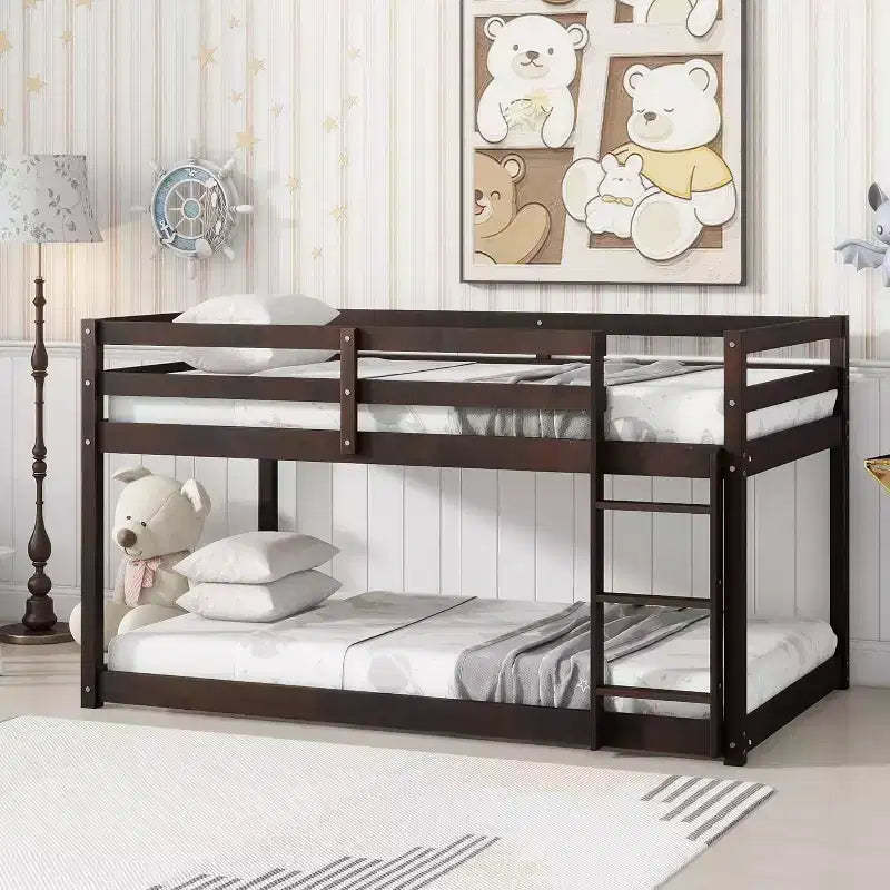 Zevemomo Wooden Bunk Bed Twin Over Twin, Solid Rubberwood Bed Frame with Built-in Ladder, for Small Spaces,Bedroom,Space Saving, No Box Spring Needed
