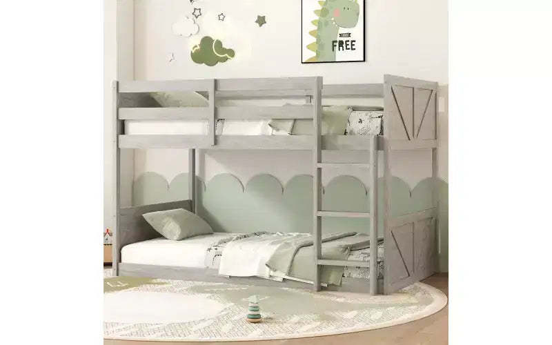 ZevemomoLow Twin Over Twin Bunk Bed,Solid Rubberwood Bed Frame with Built-in Ladder,for Small Spaces,Bedroom,Space Saving,No Box Spring Needed, White