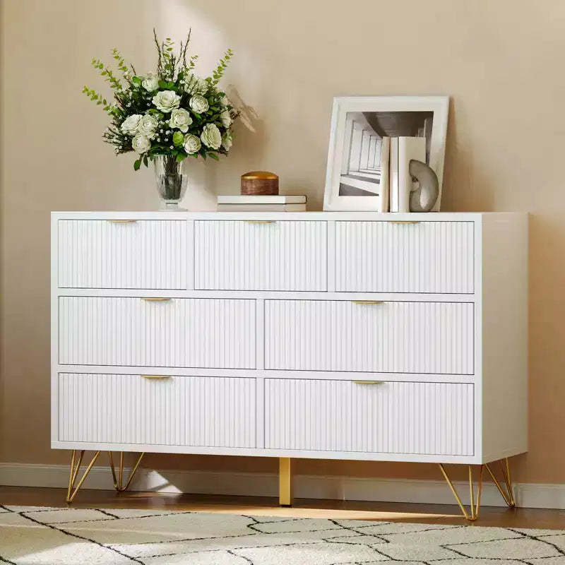Modern Dresser for Bedroom, 7 Drawer Dresser, White Dresser,Wooden Chest of Drawer with Gold Metal Legs and Handles, Narrow Entryway Table TV Cabinet