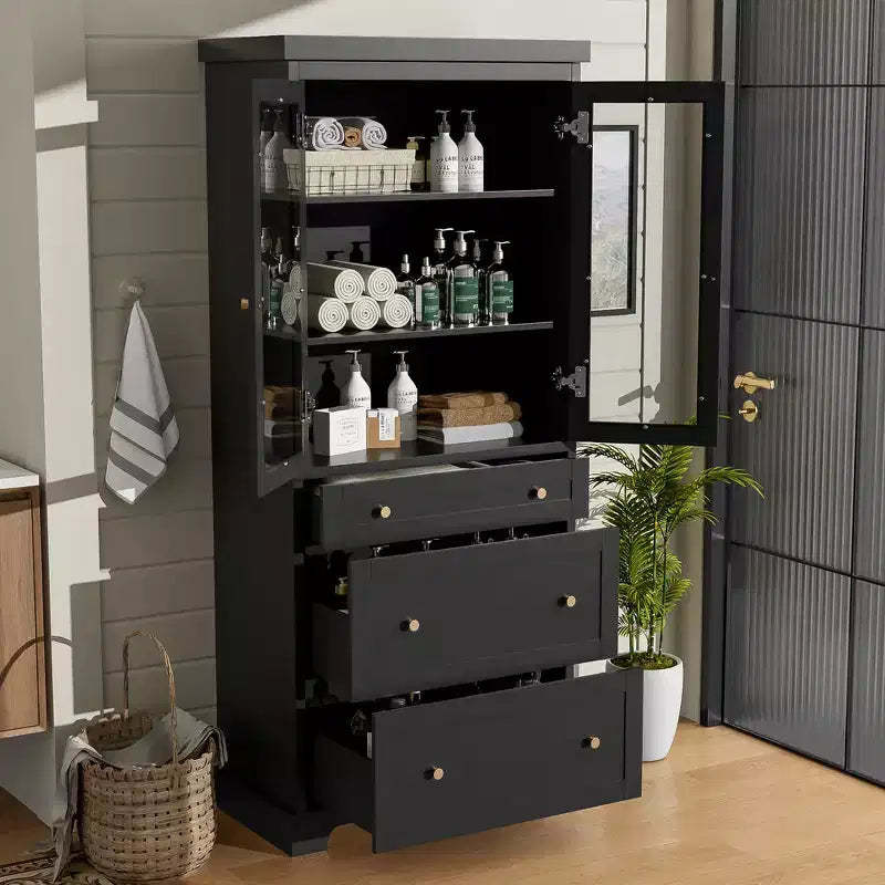 Whisen 70.1 Bathroom Storage Cabinet with Soft-Close Glass Doors, Adjustable Shelves and 3 Drawers