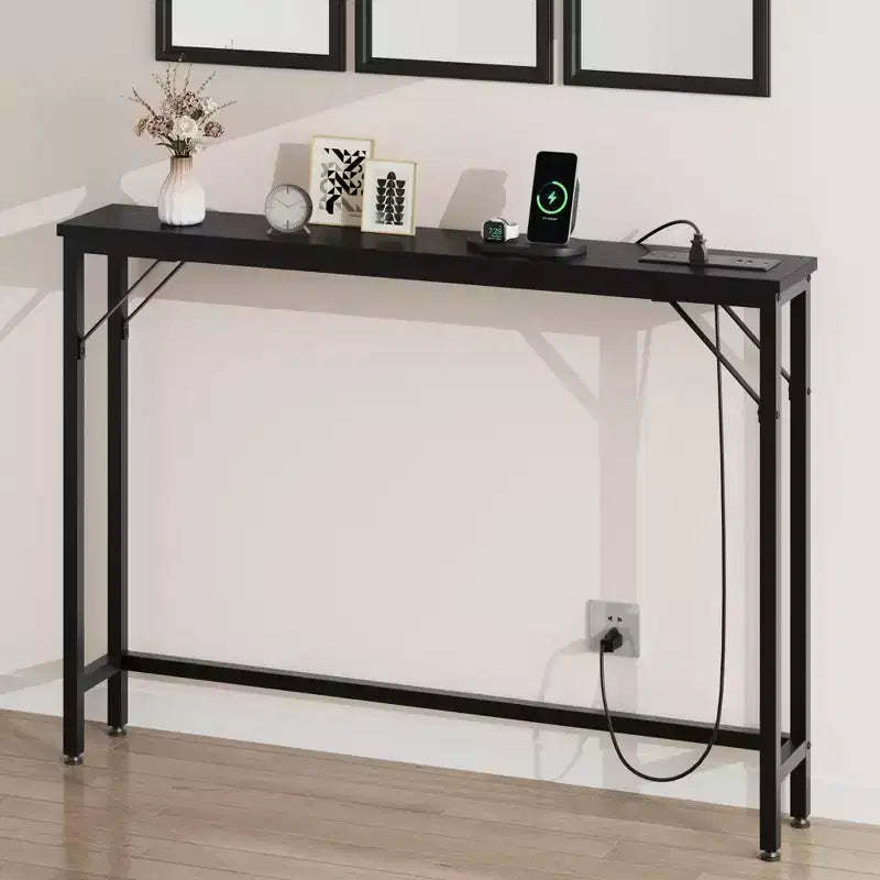 5.9 Narrow Sofa Table with Outlets, Skinny Console Table with Storage, Slim Behind Couch Table for Living Room, Entryway, Hallway, Foyer - Black