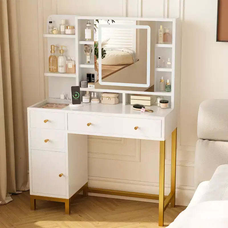 COZONY Vanity Desk with LED Lighted Mirror & Power Outlet, Makeup Dressing Table with 3 Color Adjustable Lights for Bedroom, Small Space