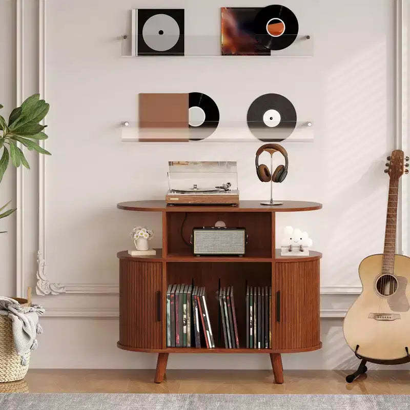 35 Large Record Player Stand, Rustic Vinyl Record Record Storage Cabinet, Player Turntable Stand with Open Shelves, Record Player Table