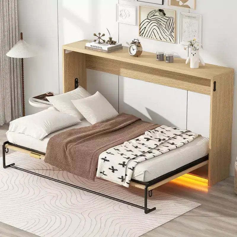 ModernLuxe Twin XL Size Murphy Bed Wall Bed Frame, Wooden Storage Cabinet Bed with LED Light, Natural