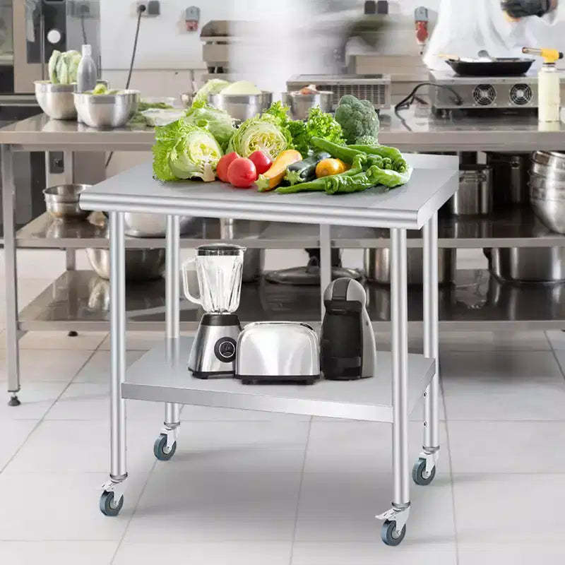 Stainless Steel Table 30 x 24 Inches with Backsplash 4 Caster Wheels,Heavy Duty Kitchen Worktable with Adjustable Under Shelf for Restaurant Business