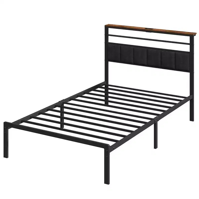 Heynemo Bed Frame with Charging Station, Platform Bed with Metal Slats, Upholstered Headboard with Storage Shelves, Black