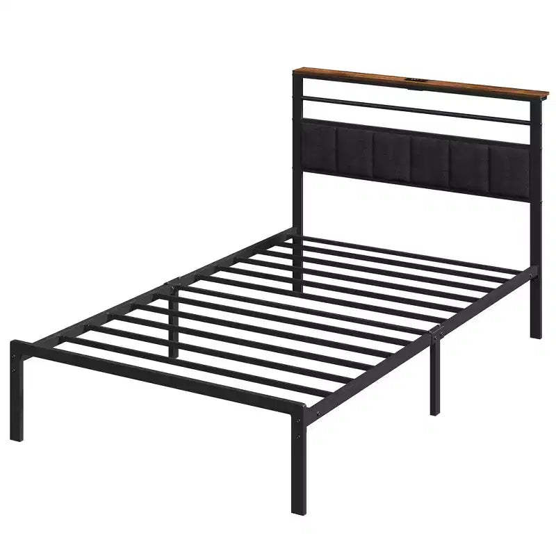 Heynemo Bed Frame with Charging Station, Platform Bed with Metal Slats, Upholstered Headboard with Storage Shelves, Black