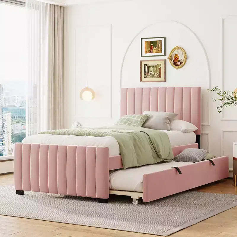 Bellemave Twin Bed Frame with Trundle Bed,Velvet Upholstered Bed Frame,Upholstered Platform Bed Twin for Kids Teens Adults Pink