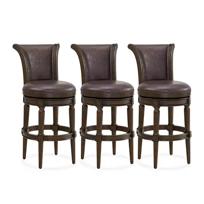 ROME + OAK Runyan 31 Swivel Bar Stool, High Back Barstool in Dark Walnut Finish with Vintage Brown Vegan Leather Seat, Set of 3