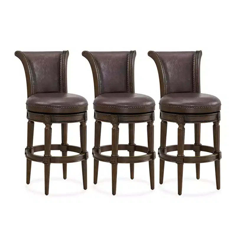 ROME + OAK Runyan 31 Swivel Bar Stool, High Back Barstool in Dark Walnut Finish with Vintage Brown Vegan Leather Seat, Set of 3