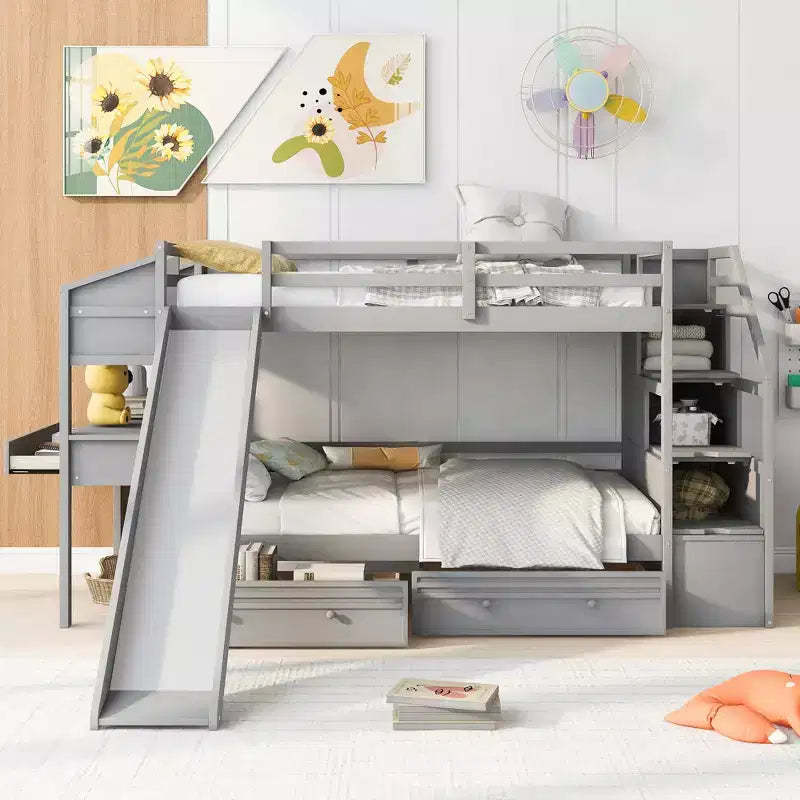 Bellemave Twin over Twin Bunk Bed with Storage Staircase, Slide and Drawers, Desk with Drawers and Shelves, Gray