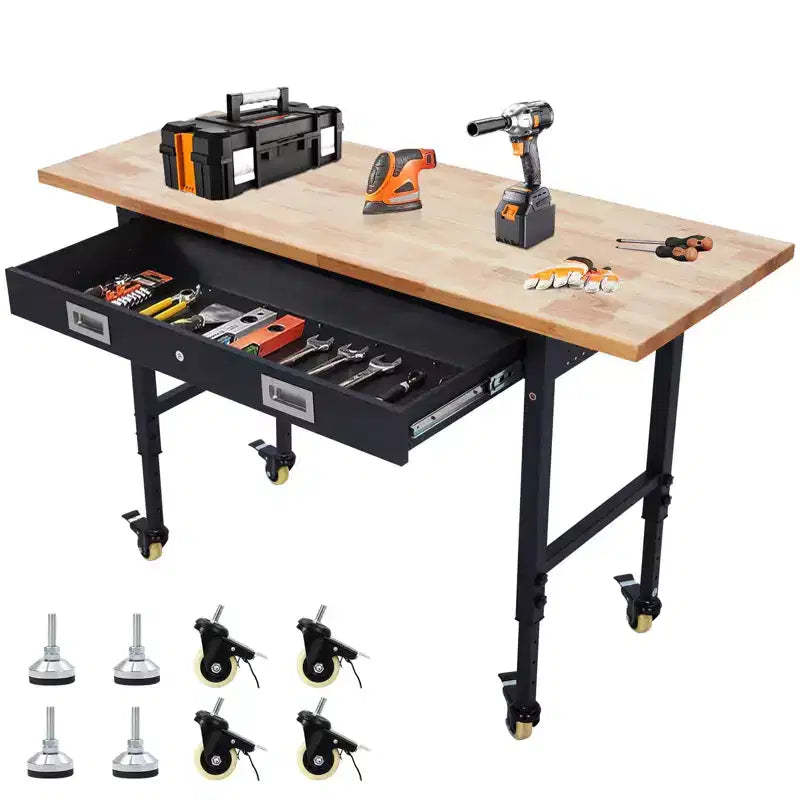 60Workbench with Drawer Storage, Rubber Wood Top Workbench Adjustable Heavy Duty,Rolling Worktable with Power Outlet&Wheels,2000 Lb Capacity Hardwood