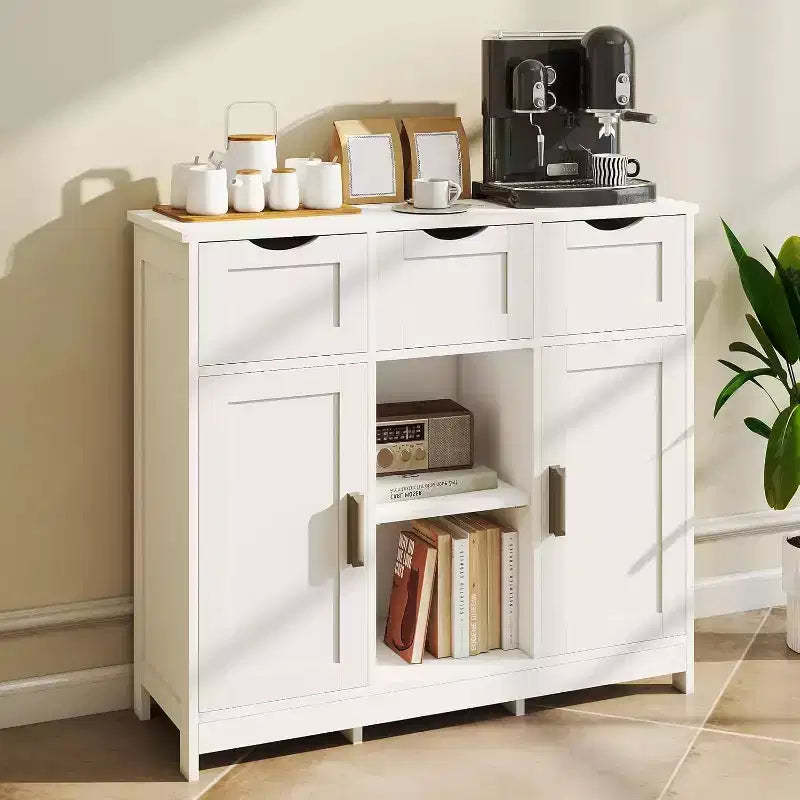 Zevemomo Modern Farmhouse Sideboard Buffet Cabinet,Coffee Bar Cabinet with Drawer and Adjustable Shelf, with Storage for Kitchen, Dining Room, White