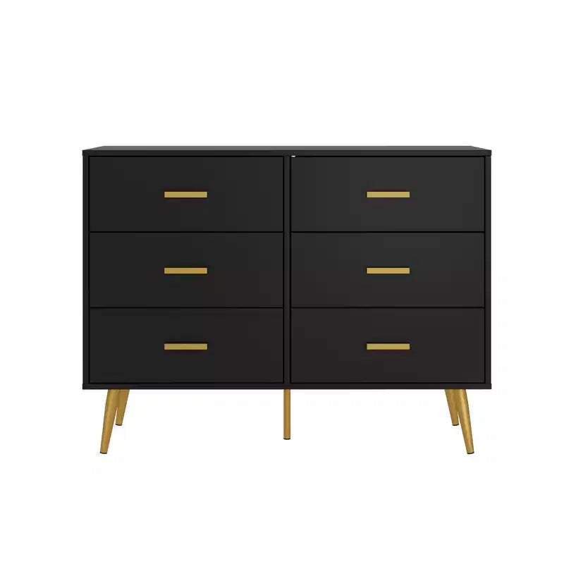 Wooden Chest of Drawers, Modern 6 Drawer Storage Cabinet with Gold Handles and Sturdy Metal Legs, Bedroom Drawer Organizer for Living Room, Hallway