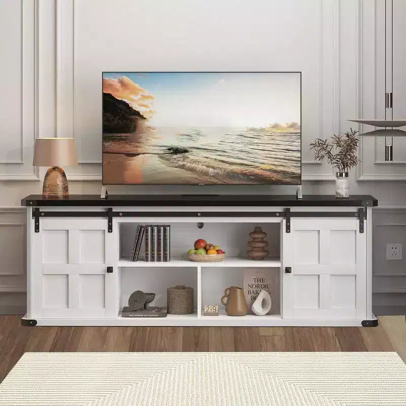 Coolmee 70 inch TV Stand for up to 75 Inch TVs with Power Outlet, Farmhouse Entertainment Center with Sliding Barn Doors and Storage Cabinets