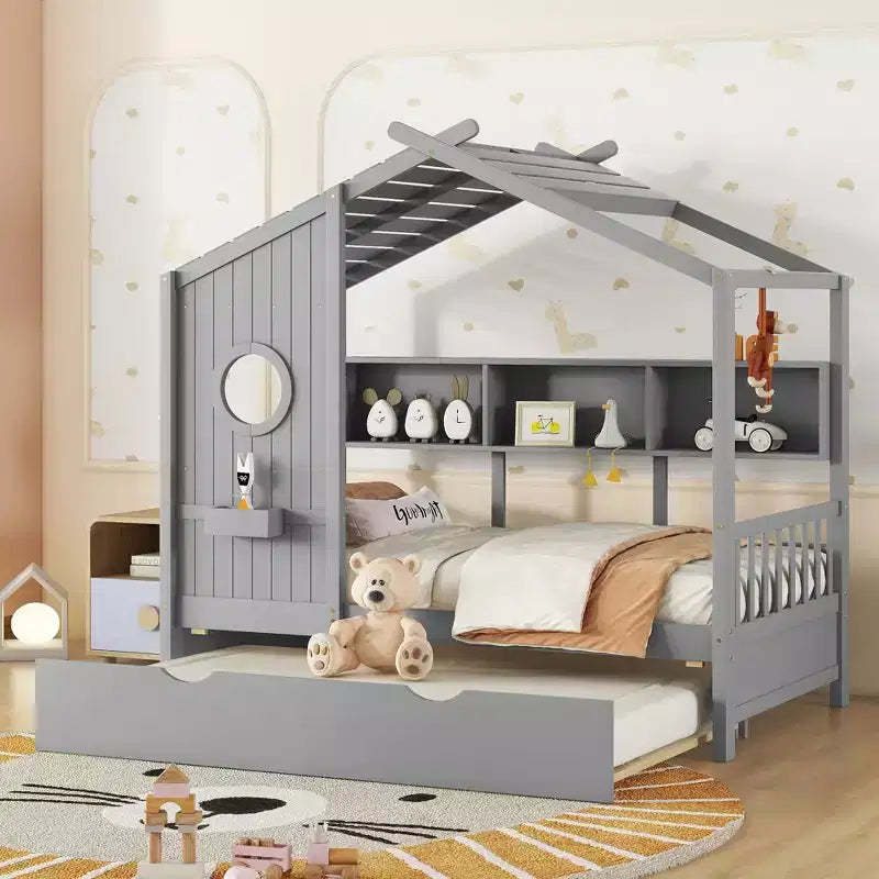 Bellemave Twin Size House Bed with Trundle for Kids,Twin Kids Bed Frame with Storage Shelves,Wood House Bed Frame for Girls,Boys,Can be Decorated,Gray