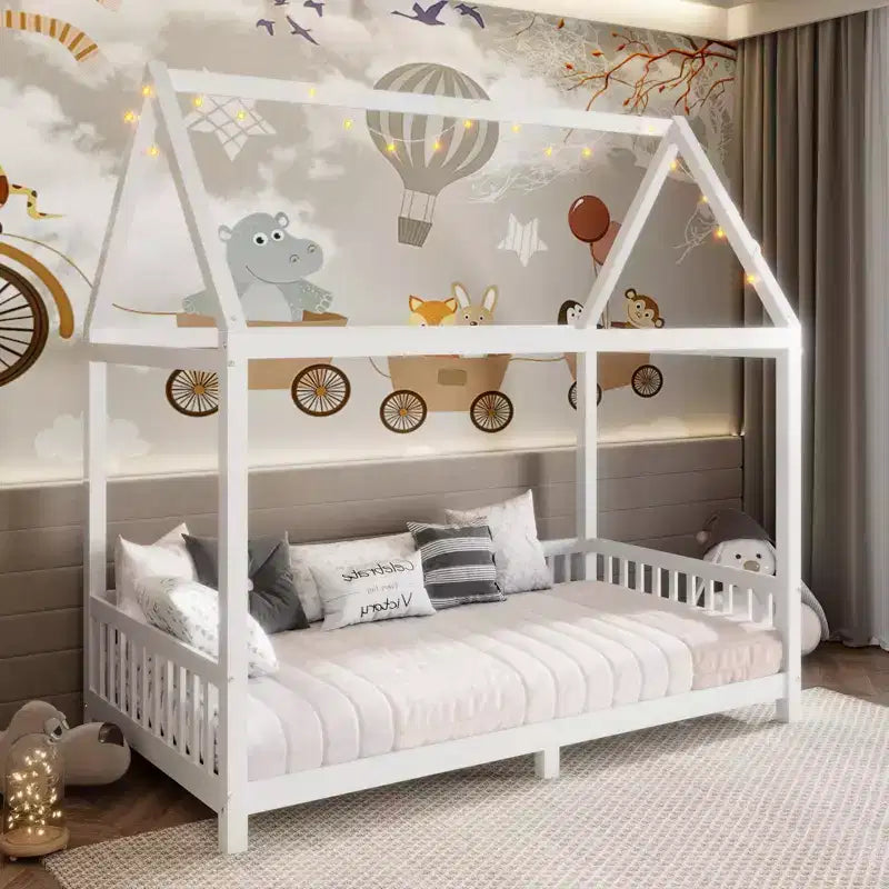 Twin/Full Wood House Bed Floor Bed with Fence, Montessori Bed Frame with LED Light for Kids Girls & Boys