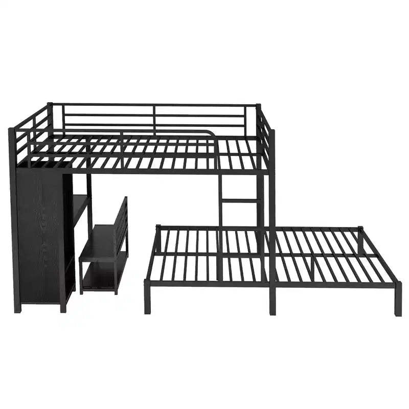 Bellemave Queen over Queen Size Bunk Bed Frame with Built-in Wardrobe,Metal Bunk Bed with Desk and Storage Chairs, Black