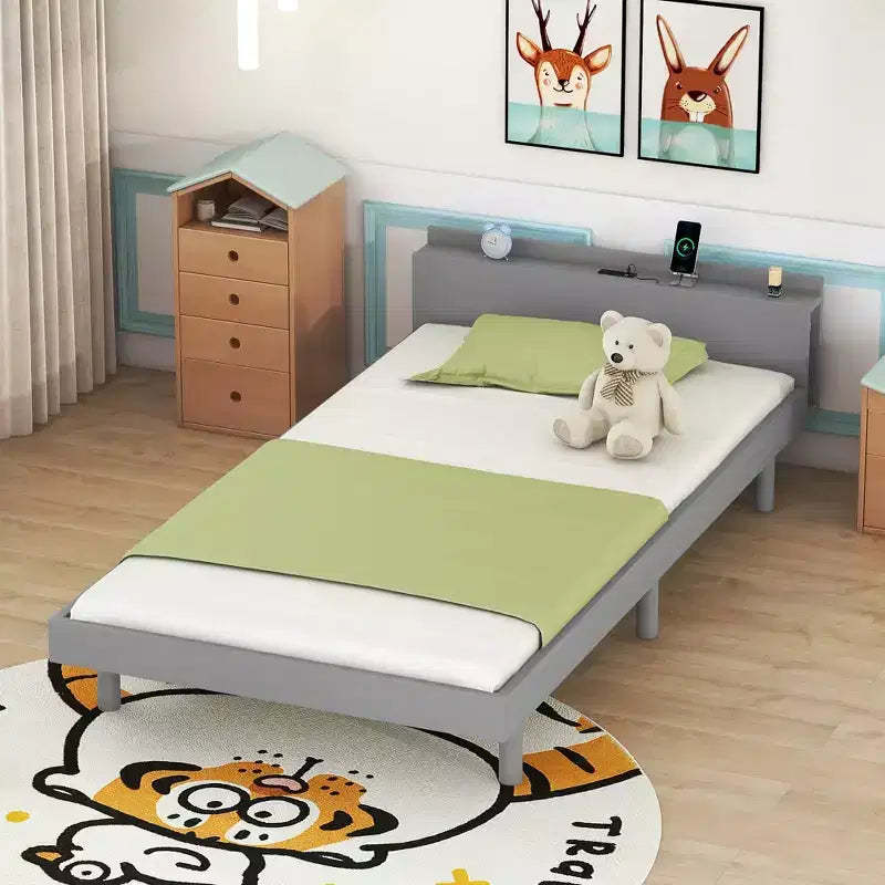 Bellemave Kids Twin Bed With USB Port, Wooden Platform Bed for Boys, Girls, Teens,Bed Frames for Kids, White or Gray Frame