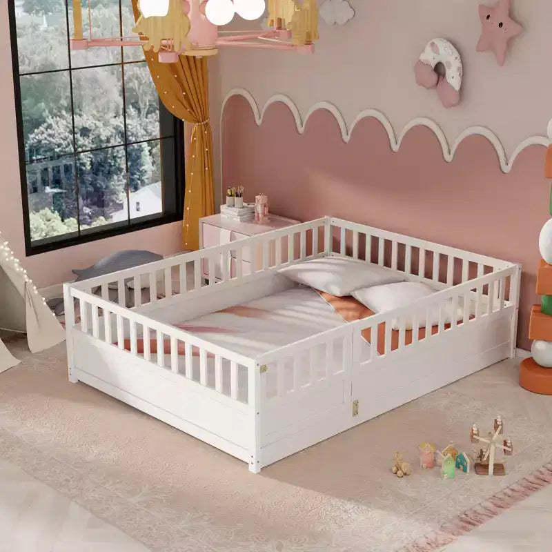Bellemave Full size bed,construction with super high security barrier, door, Montessori wooden floor bed, white
