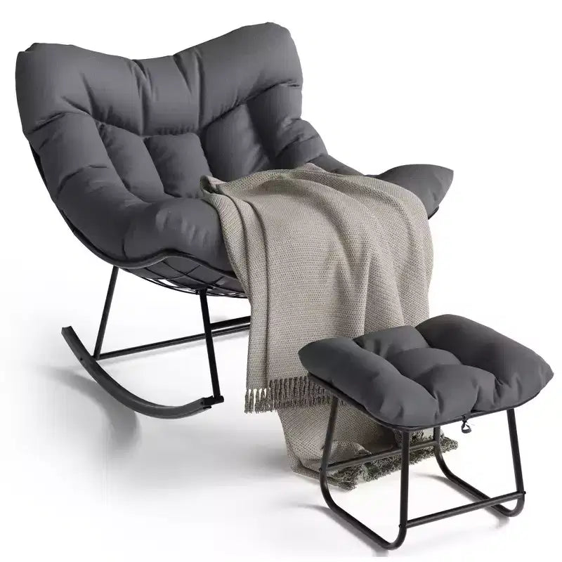 Patio Rocking Chair with Ottoman, Outdoor Indoor Rocking Egg Chair with Cushions, Metal Lounge Chair Oversized Papasan Chair for Porch Garden