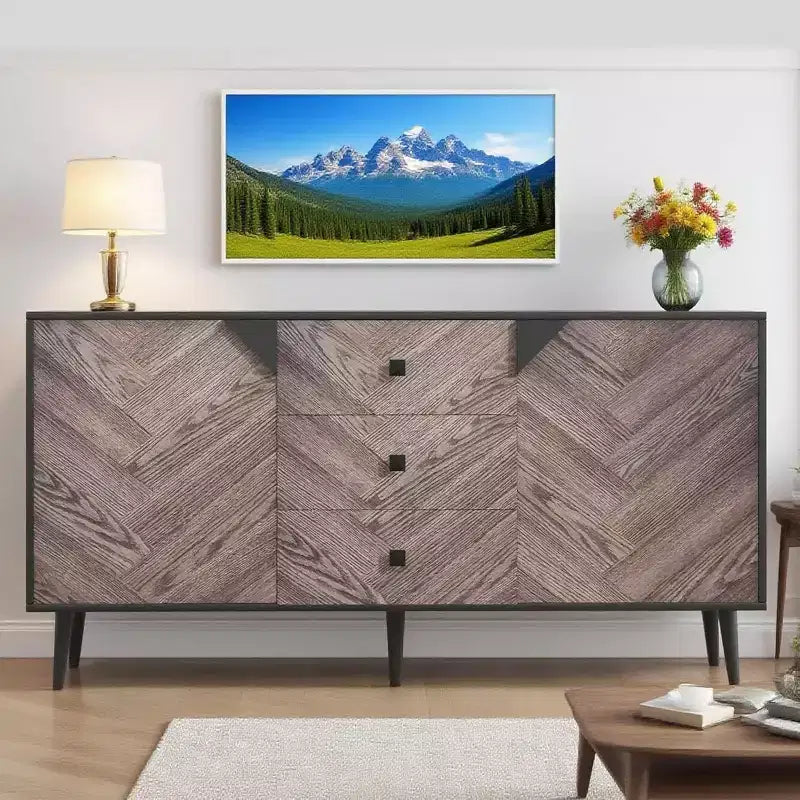Modern Storage Freestanding Decorative Cabinet with Drawers and Doors, Wood Finish Sideboard with Storage Space for Dining Room and Entryway, 55.1
