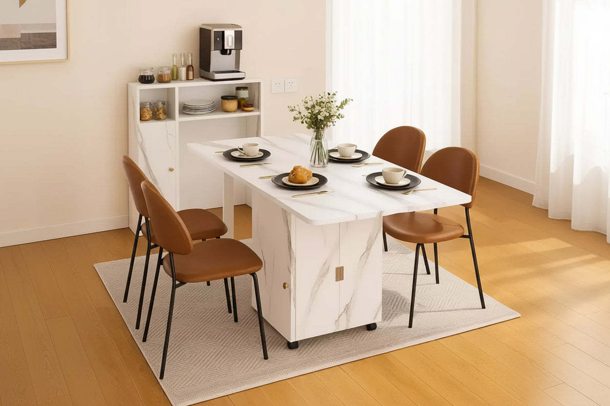 Homy Casa Foldable Dining Table with Storage, White Marble Finish  Multifunctional Space-Saving Design