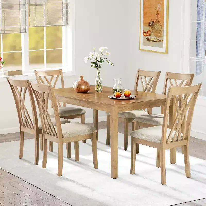 Zevemomo7-Piece Solid Wood Dining Table Set with 6 Upholstered Chairs,Space Saving Dinner Table&Chairs Set,for Dining Room, Kitchen,Natural Wood Color