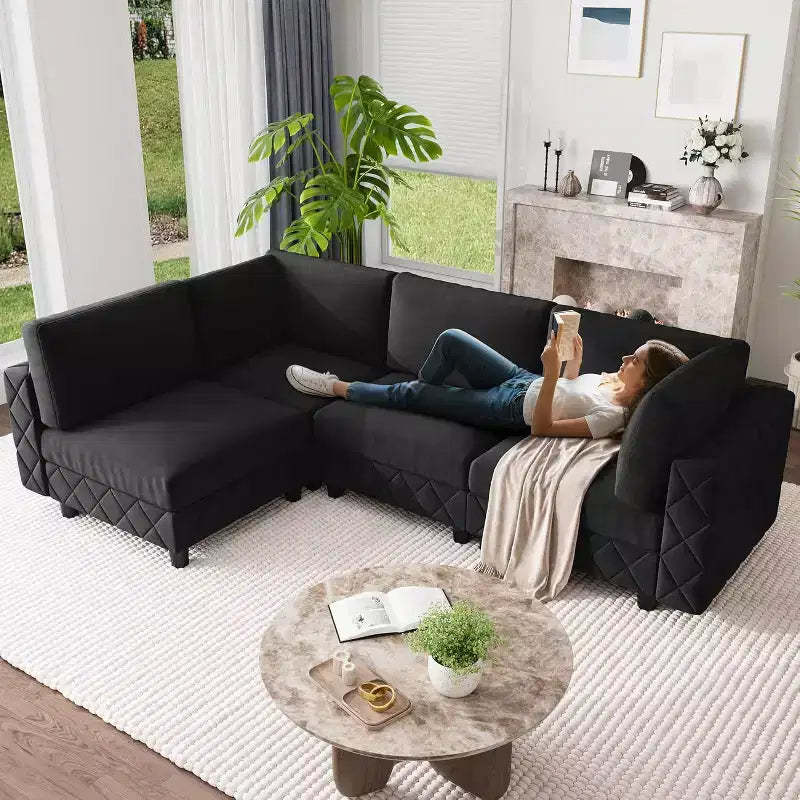 Acekool 134 Modular Sectional Sofa, 4-Seat L-Shaped Velvet Couch with High-Density Cushions, Upholstered Cloud Sofa,Black