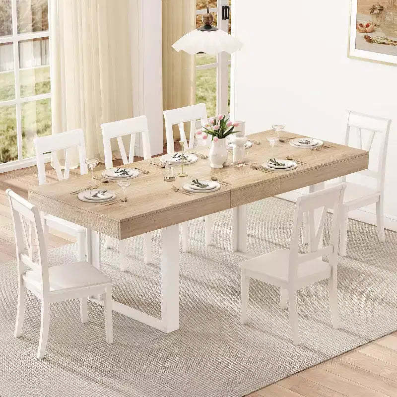 Zevemomo63-78.7Expandable Dining Table,6-10 Kitchen Table,Rectangular Kitchen Table with Metal Track,Tapered U-Shaped Legs for Dining Room,Office-Oak