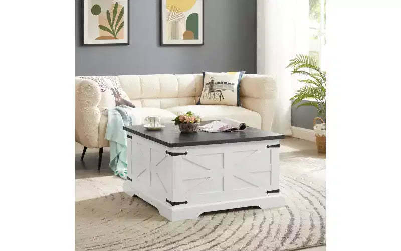 Zevemomo Farmhouse Square Coffee Table with Storage for Living Room, 31 Wood Storage Farmhouse Coffee Tables with Dual Flip-Top Lids, White