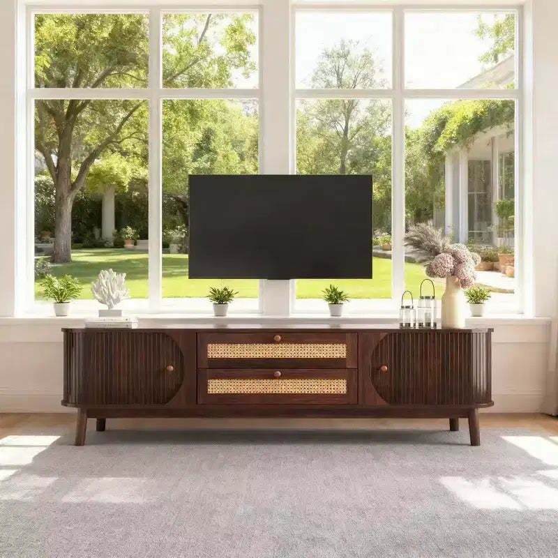 Homy Casa TV Stand with Rattan Drawers and Fluted Doors for Living Room, Walnut