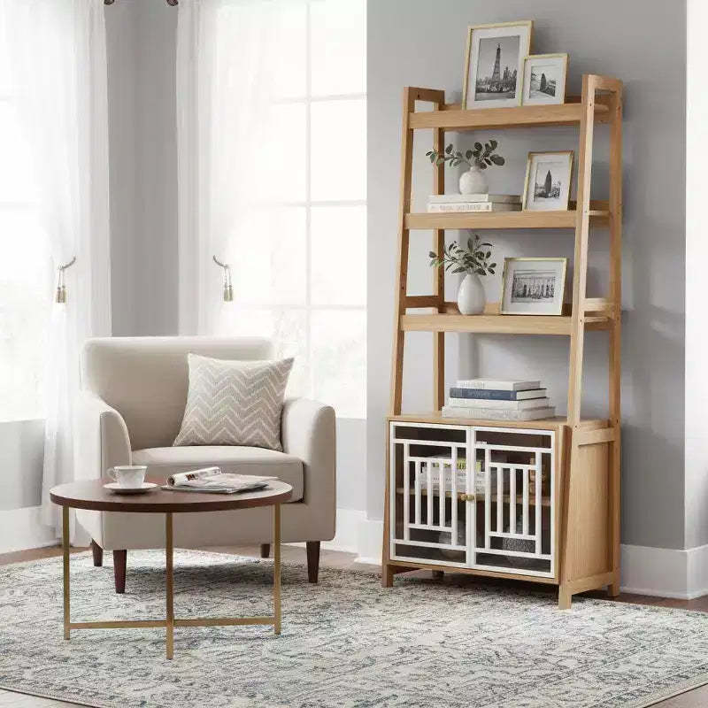 Homy Casa Ladder Shelf with Storage Cabinet and Open Display, Natural