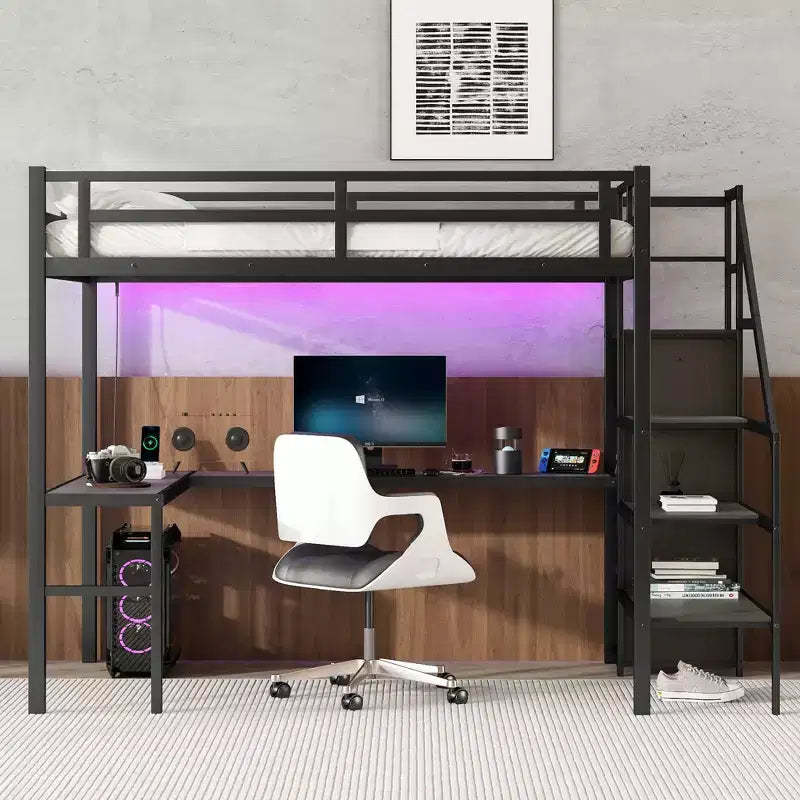Bellemave Full XL Size Loft Bed with L-shaped Desk and USB, with Wardrobe and Adjustable Shelf, High Loft Bed with LED for Kids Teens Adults, Black