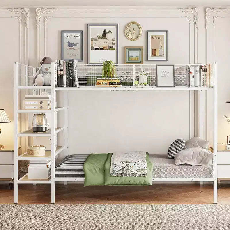 Bellemave Twin Over Full Metal Bunk Bed with 5-Tier Shelves,Heavy Duty Bunk Beds for Kids/Teens,White