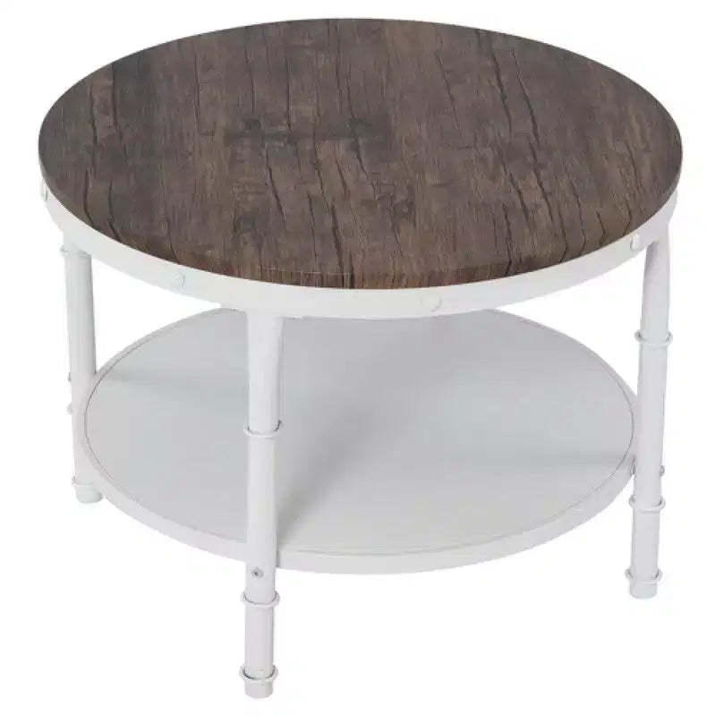 25.2in Double-layer Round Dark Walnut-colored Black-veined MDF Panel, White Wrinkled Baked Iron Frame, Industrial Style Coffee Table
