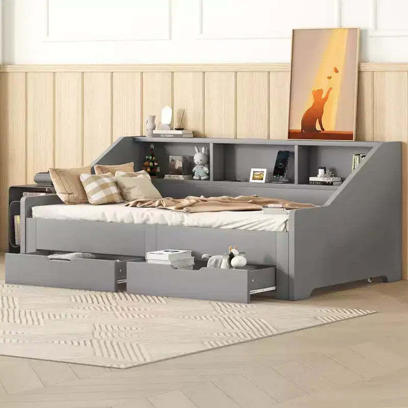 Bellemave Twin to King Size Daybed Frame with Storage Bookcases and Two Drawers,Charging Design,Gray
