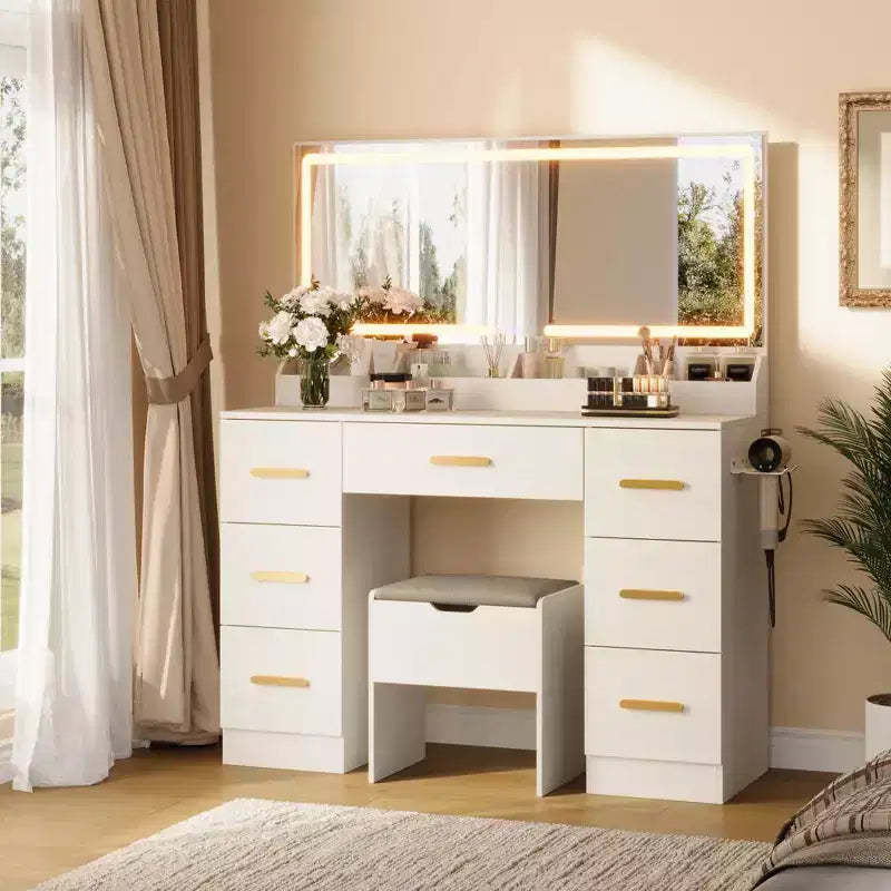 Vanity With Lighted Mirror-Makeup Desk With Power Outlet,3 Color Lighting Modes Adjustable Brightness,46 Table With Soft Cushioned Stool for Bedroom