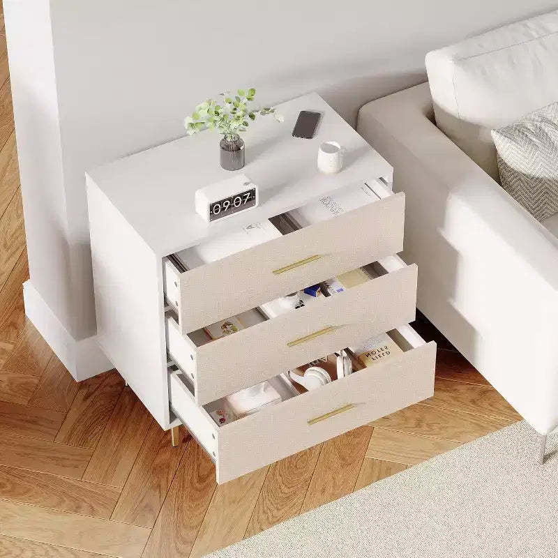 Chest of Drawers, 3 Drawer Storage Unit, Modern Nightstand with Gold Metal Handles & Legs, Wood Bedside Table Small Dresser for Bedroom, Living Room